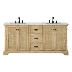 a double sink vanity with two faucets on top