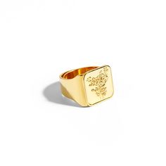 A chunky and bold signet ring with a rose engraving. Rock it on its own or across three fingers for the ultimate style statement. Materials: 14K Gold Plated Brass Silver Plated Brass Hypoallergenic and Nickel FreeSize: US 7This item comes with a one-year warranty.Greeting card and/or gift receipt for exchange is available with purchase at checkout. Rose Engraving, Silver Rose Ring, Rose Ring, Style Statement, A Rose, Signet Ring, Silver Plate, Greeting Card, Silver Plated