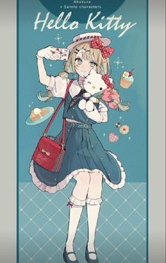 an anime character holding a teddy bear in her hand and wearing a dress with the words hello kitty on it