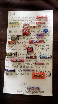 a piece of paper that has candy on it and some words written in the middle