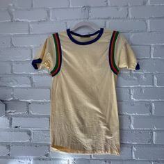 Pale Yellow Vintage Ringer Tea With Orange And Blue Stripes. Never Worn. In Great Shape. Size: Xs Fabric: Cotton 70s Baseball Tee, Vintage Tennis Fashion, Vintage Bowling Shirts, Ringer Shirt, 90s Sportswear, Digital Fashion, Vintage Tennis, Make Your Own Clothes, Vintage Sportswear