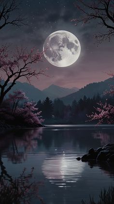 the full moon is reflected in the water near some trees and rocks, with mountains in the background