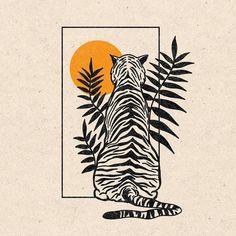 a black and white drawing of a tiger sitting in front of a plant with the moon behind it