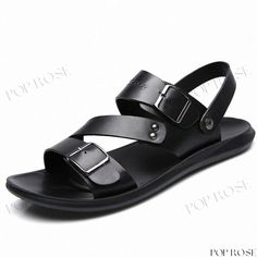 Double Buckle Beach Sandals with Trendy Design Black Slingback Sandals With Buckle For Summer, Black Sandals For Beach Season, Black Round Toe Slingback Sandals For Beach Season, Black Slingback Sandals With Round Toe For Beach Season, Black Leather Flip Flops For Beach Season, Black Open Toe Sandals For Beach Season, Black Open Toe Slingback Sandals For Vacation, Black Summer Sandals For The Beach, Black Summer Sandals For Beach