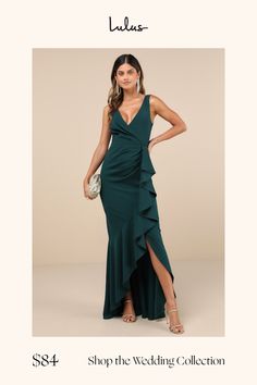 a woman in a long green dress with the words shop the wedding collection on it