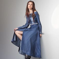 Olivia Mark - Embroidered Collar Cold Shoulder Denim Maxi Dress with Vintage Long Sleeves Embroidered Long Sleeve Denim Dress For Spring, Embroidered Long Sleeve Denim Blue Dress, Long Sleeve Embroidered Denim Blue Dress, Embroidered Denim Blue Long Sleeve Dress, Long Sleeve Embroidered Denim Dress For Spring, Embroidered Denim Blue Dress, Embroidered Long Sleeve Denim Dress, Long Sleeve Embroidered Denim Dress, Embroidered Long Sleeve Denim Summer Dress