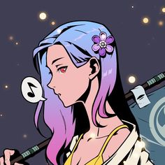 an anime character with purple hair holding a baseball bat in her hand and looking at the sky