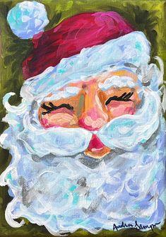 a painting of a santa clause with his eyes closed and beard down, wearing a red hat