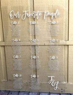 the seating chart for our favorite people is displayed on a cardboard board in front of a door