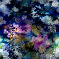 an abstract painting of flowers and leaves in blue, purple, yellow and white colors