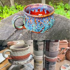 there are many different types of pottery on the table and one is being used to make mugs