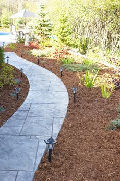 a walkway in the middle of a garden