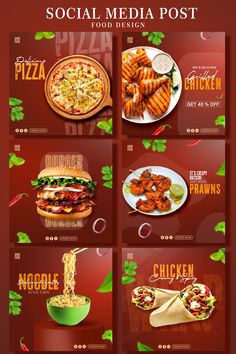 the menu for social media post is shown with different food items and lettering on it