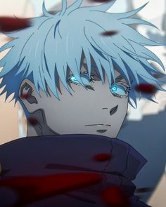 an anime character with blue eyes and white hair