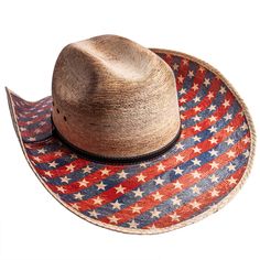 If you love this country, you'll love this Patriot hat! A straw cowboy hat with stars and stripes on the brim with a tasteful black and brown hatband. Also has silver pieces on the hatband Country Style Brimmed Sun Hat For Western-themed Events, Country Style Brimmed Sun Hat For Western Events, Western Style Sun Hat For Rodeo, Country Style Sun Hat For Western-themed Events, Country Style Sun Hat With Short Brim, Patriotic Wide Brim Summer Hat, Rustic Straw Hat For Kentucky Derby, Country Style Hats For Rodeo And Country Festivals, Country Style Curved Brim Sun Hat For Western-themed Events