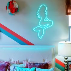 Mermaid Neon Sign in Glacier Blue Neon Mermaid, Mermaid Sign, Santorini Blue, Neon Lamp, Neon Decor, Neon Painting, Beauty Salon Decor, Party Mode, Glow Party