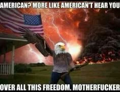 the bald eagle is holding an american flag in front of a house with fireworks behind it