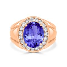 13x10.5mm Violetish Blue Tanzanite Men's Ring Oval shape 5.5ct with 0.85cttw Diamond in 14K & 18K White Gold, Yellow Gold, Rose Gold. Rose Gold Metal