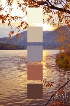 the color palette is different shades of brown, beige and blue on this lake's surface