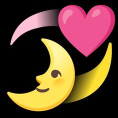 a crescent moon with a pink heart on it's side and a smiling face in the middle