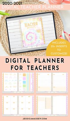 the digital planner for teachers is shown with text overlaying it and an image of a