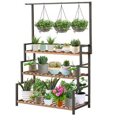 PRICES MAY VARY. Super Sturdy and Durable, 2 tier hanging plant shelf is combining a pinewood and a painting iron frame brings the strength of 2 materials into full play which is heat and moisture resistant, with no shrinkage, no warpage, and cracking. The wood is high-temperature carbonized. And supported by a sturdy iron frame, super sturdy and durable than wood plant stand. Dimensions: 23.6''L x 13.4''W x 52.8''H Hanging Your Favorite Plants, Sturdy plant display shelf design with a hanging i Outdoor Shelf, Plants Shelf, Pot Organizer, Hanging Plant Stand, Wood Plants, Outdoor Shelves, Plant Rack, Pot Organization, Tall Plant Stands