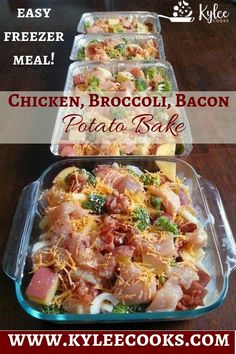 two pans filled with chicken, broccoli and bacon potato bake on top of a wooden table