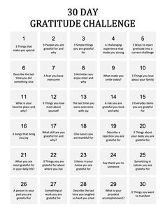 the 30 day gratitude challenge is shown in black and white with text