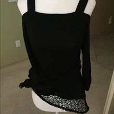 Deep Black Cold Shoulder Top, 3/4 Length Sleeves, Lace Hemline (I’ve Knotted) Trendy And Stylish, Day To Night Square Neckline With 2” Straps Nwt Black 3/4 Sleeve Tops For Evening, Black Cold Shoulder Top, Pink Lace Tops, Balloon Sleeve Blouse, Cold Shoulder Long Sleeve, Henley Top, Ruffled Sleeve Top, Pullover Sweater Women, Crop Top Blouse