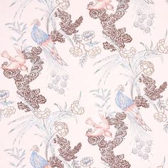 a pink and blue floral wallpaper with birds on it