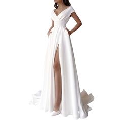 Color/Pattern: White Approximately 57.9in From Shoulder To Hem 100% Polyester Hand Wash Imported Neck Wedding Dress, White Dress Party, Long White Dress, Retro Mode, Floor Length Dresses, V Neck Dress, Stylish Dresses, Perfect Dress, Evening Dress