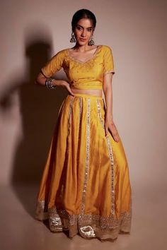 Mustard chanderi lehenga with embroidery work and gota borders. Comes with floral embroidered and teal organza dupatta with embroidery and border at all sides. - Aza Fashions Yellow Floral Lehenga, Chanderi Lehenga, Lehenga And Blouse, Floral Lehenga, Yellow Lehenga, Lehenga Blouse, Organza Dupatta, Pajama Set Women, Embroidery Work