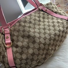 Preloved Gucci Bag! Worn Many Time Throughout The Years. This Was My Favorite Bag I Owned. Still Can Be Greatly Used. Good Condition Inside And Out. Pink Monogram Canvas Shoulder Bag For Shopping, Elegant Pink Monogram Canvas Shoulder Bag, Gucci Monogram Canvas Satchel For Shopping, Gucci Monogram Canvas Satchel, Gucci Pink Bag With Detachable Strap, Gucci Pink Luxury Shoulder Bag, Pink Gucci Bag With Gold-tone Hardware, Gucci Luxury Pink Shoulder Bag, Pink Gucci Luxury Shoulder Bag