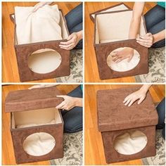 four pictures showing how to make a cat house out of an old box and cardboard