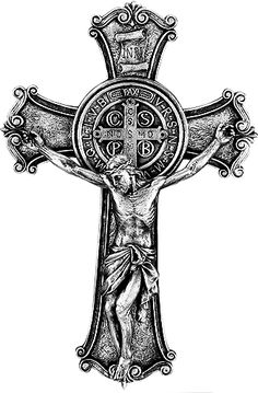 the crucifix with jesus on it is drawn in black and white ink