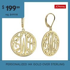 Elegant script lettering on these monogram earrings gives your style an extra personal touch. Initials will appear exactly as entered. Must be three letters, center initial will be enlarged.Back: LeverbackPersonalize: Initials will appear exactly as entered. Must be three letters, center initial will be enlarged.Features: Monogrammable, PersonalizedShape: RoundMetal Color: YellowEarring Length: 25mmEarring Width: 25mmCare: Wipe CleanEarrings Style: Drop EarringsMetal: 14k Gold Over SilverAssemb… Classic Monogram Jewelry For Mother's Day, Yellow Gold Monogram Jewelry For Mother's Day, Mother's Day Yellow Gold Monogram Jewelry, Mother's Day Monogram Yellow Gold Jewelry, Classic Personalized 14k Gold Earrings, 14k Gold Monogram Jewelry For Mother's Day, Mother's Day 14k Gold Monogram Jewelry, Classic Personalized Earrings For Anniversary, Elegant Monogram Earrings As Gift