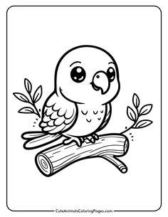 Cute cartoon parrot sitting on a tree branch with leaves, designed for coloring activities. Ideal for kids and animal lovers. Htv Ideas, Journaling Printables, Parrot Art, Easy Bird