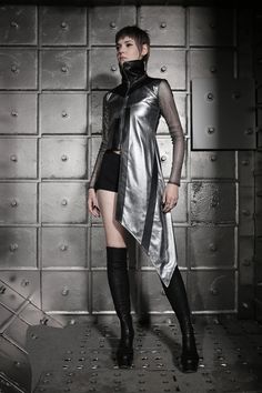 Fitted Punk Outerwear For Cosplay Events, Edgy Fitted Outerwear For Cosplay, Punk Style Winter Club Outerwear, Fitted Asymmetrical Outerwear For Party, Fitted Cyberpunk Outerwear For Cosplay, Fitted Asymmetrical Avant-garde Outerwear, Avant-garde Asymmetrical Fitted Outerwear, Fitted Avant-garde Asymmetrical Outerwear, Space Fashion Futuristic