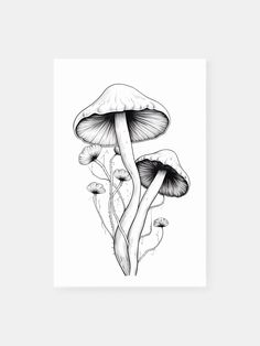 a black and white drawing of three mushrooms