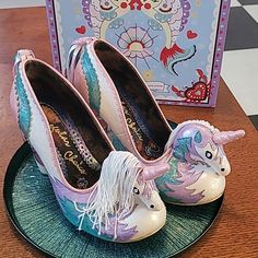 Rare Irregular Choice Dream Kiss Unicorn Heels Size 39 (8.5). Irridescent Teal, Lilac, Pink, And White. Great Condition From Non Smoking Home. Crazy Heels, Irregular Choice Shoes, Lilac Pink, Irregular Choice, Crazy Shoes, Pink And White, Shoes Women Heels, Pink White, Lilac