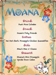 the menu for moan's pina coladas