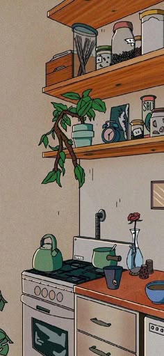 a painting of a kitchen with pots and pans on the stove top, shelves above