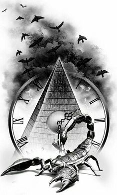 a drawing of two people in front of a pyramid with birds flying around it and the clock