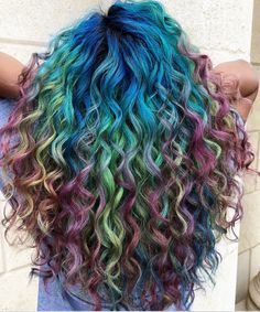 Curly Multicolored Hair, Multicolor Curly Hair, Galaxy Hair Color, Ombre Curly Hair, Blue Green Hair, Blue Ombre Hair, Galaxy Hair