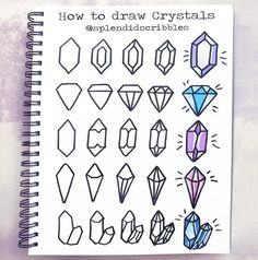 a spiral notebook with different types of crystals on the cover and title how to draw crystals @penedisscriptibles