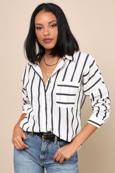 The Lulus Amelia Dawn Off-White Striped Long Sleeve Button-Up Top is perfect for Sunday brunch or Monday in the office! This cotton-blend woven top, covered in vertical black stripes, features long sleeves (with buttoned cuffs) and a collared neckline. Relaxed, straight-cut bodice has a full hidden button placket of tortoise buttons and a patch pocket with contrasting horizontal stripes. Fit: This garment fits true to size. Length: Size medium measures 25.5" from top to bottom. Bust: Great for a Horizontal Stripes, Woven Top, Straight Cut, Striped Long Sleeve, Black Stripes, White Stripe, Button Up, Bodice, Cotton Blend