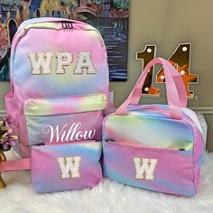 🌸Backpack Dimensions: 11"L  x 16" H X 5.5"D 🌸Lunch bag Dimensions: 8.75" L x 7.5" H x 5.25"D 🌸Small Pouch Dimensions: 7" L x 5" H x 1.25"D 🌸Perfect for Kids 5-12 years old 🌸Material: Nylon ⚠️Personalized items are not eligible for returns or exchanged. Multicolor Nylon Bag For End Of School Year, Multicolor Bags For Back To School, Trendy Zipper Pouch Bag For Back To School, Everyday Back To School Bag With Zipper Pouch, Everyday Back To School Zipper Pouch Bag, Green Zippered Bag For Back To School, Back To School Everyday Bag With Zipper Pouch, Zipper Pouch Bag For Back To School, Green Bags With Zipper Pouch For Back To School