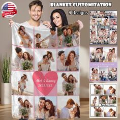 a couple holding up a blanket that has photos on it and the text, blank customization