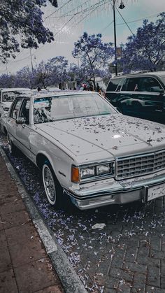 two cars parked next to each other on the side of a road with confetti all over them