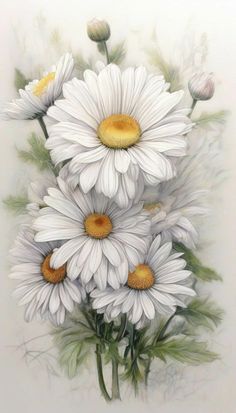 a painting of white daisies with green leaves